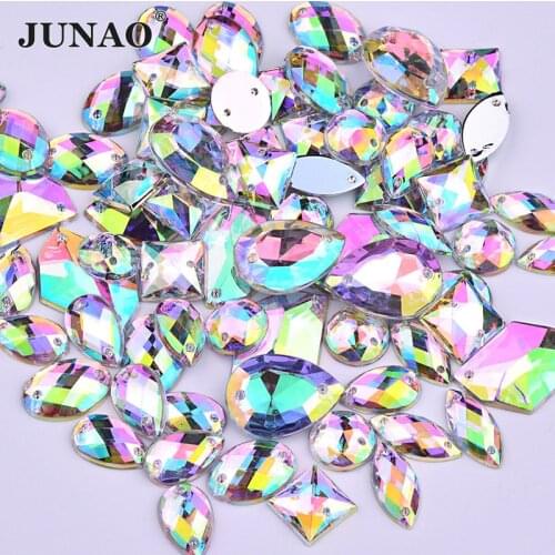 JUNAO Mix Size Sew On Rhinestone Stones For Wedding Clothes AB Flat Back Sewing Crystal Strass Acrylic Crafts Decor Gem Applique