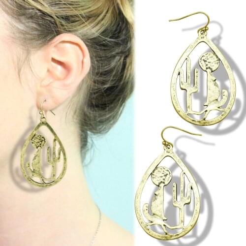 Western Vintage Cactus Coyote Wolf Howling Moon Southwest Dangle Hoop Brincos bijoux Oorbellen Earrings