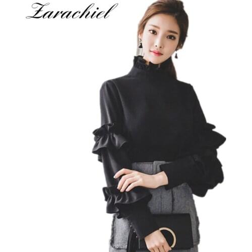 2021 Spring Autumn Women Black Tops and Shirt Fashion Long Sleeve Ruffled Collar Butterfly Sleeve Blouse Office Lady Blusa