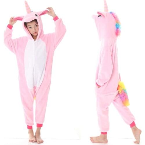 Girl Kigurumi Unicorn Pajamas Flannel Warm Pyjama for Girls Teenager Girl Overalls for 8-12Y Girls Pink and White Pijamas Suits