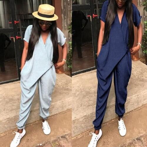 Ladies Casual Summer V-Neck Wrap Waist Playsuits Hip-Hop Street Female Jumpsuit Loose Short Sleeve Romper Size S-6XL Clothing