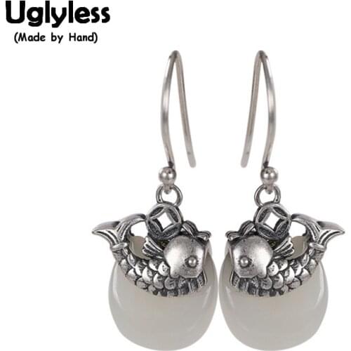 Uglyless Thai Silver Fishes Earrings for Women Natural Jade Buckles Dangle Earrings Real 925 Silver Carp Fish Brincos Jewelry