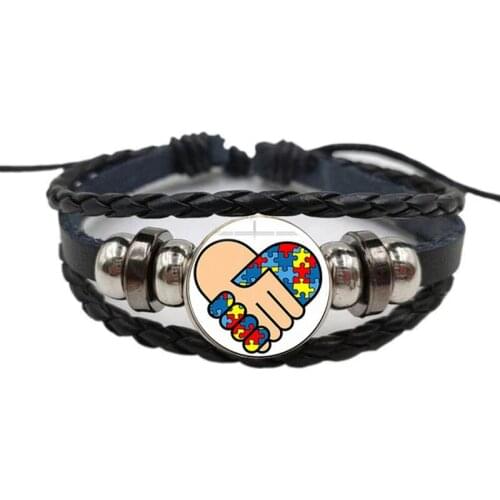 Puzzle Autism Awareness Bracelet Puzzle Ribbon Glass Picture Woven Leather Survival Bracelet Love Hopeful Jewelry