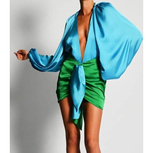 Womens Summer Autumn Chic Patchwork Skirts Suits Lantern Sleeve Blouse Top + Ruched Bodycon Mini Skirt Party Streetwear Suits