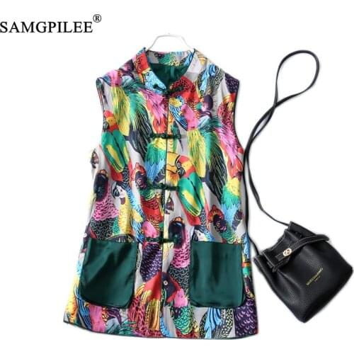 Summer Women Vest 2021 New Fashion Chinese Style Disc Buckle Waistcoat O Collar Satin Print Vest Waist Coat For Woman Plus Size