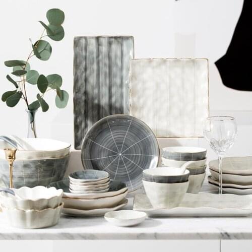 2 Colors Light Luxury Gilt Rim Dinner Plate Set Ceramic Kitchen Plate Tableware Set Food Dishes Rice Salad Noodles Bowl Soup 1pc