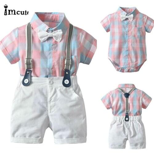 2pcs Toddler Kids Baby Boy Gentleman Outfit Party Pink Plaid Bow Top Romper+White Bib Shorts Cotton Set