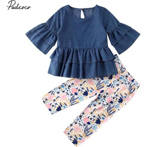 2019 Baby Spring Autumn Clothing Christmas Toddler Girls Kids Ruffled Shirt Dress Tops Floral Pants Long Sleeve Fashion 2Pcs Set