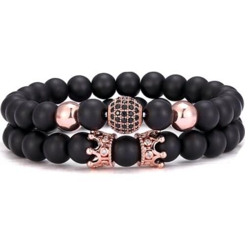 2pcs/lot 8mm crown gold silver copper cz zircon cubic zirconia beads Yoga Bracelet elastic agate Stone Bangles r5g2