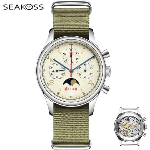New SEAKOSS Chronograph Mens Luminous Sapphire Watch ST1908 Seagull Movement Mechanical Men Watch Moon Phase 1963 Leather Clock