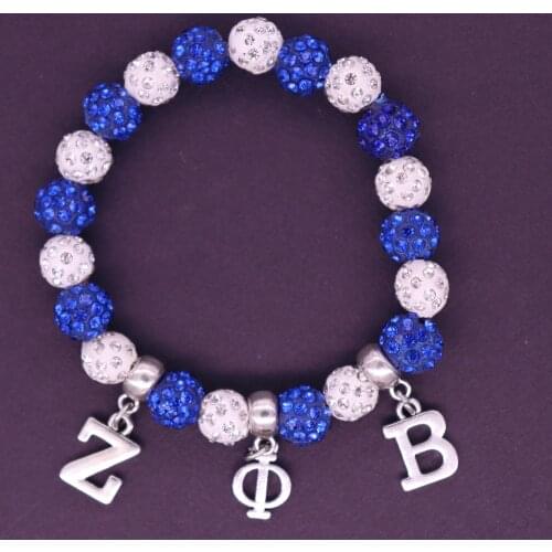 Handmade Elastic White Blue Crystal Disco Ball Beads Greek Letters Zeta Phi Beta Bracelet Bangles Promotion Gift Drop Ship