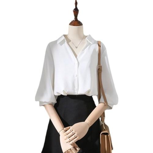 Elegant Chiffon White Women Shirt Summer New 2021 Turn-Down Collar Half Sleeved Lantern Sleeved Elegant Office Lady Outwear Tops