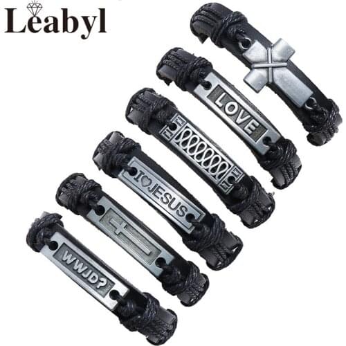 Leabyl Antique Silver Color Ancient Letter Cross Charm Vintage Bracelet Set Retro Cow Leather Black Wrap Bracelet Gift 6 PCS/Set