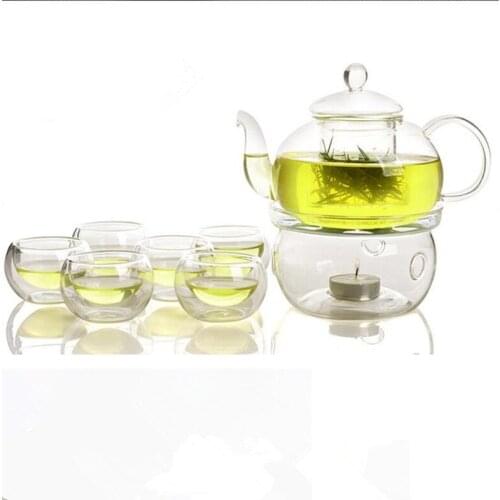 8pcs/pack Glass Teapot Set 1pc 800ml glass teapot 6pcs 50ml double-wall glass cup 1pc keep warmer holder