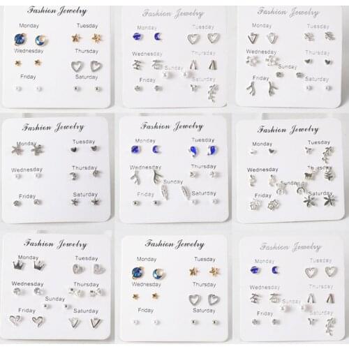 2020 7pairs/set Little Whale Planet Moon Triangle Flower Branch Star Pearl Maple Leaf Musical Note Stud Earrings Fashion Jewelry