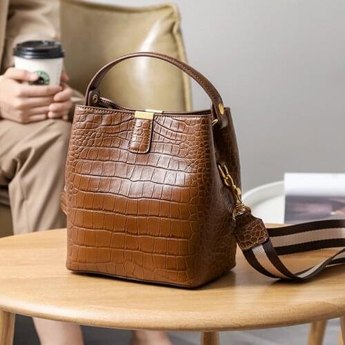 WOONAM Fashion Bag Genuine Alligator Patterned Cowhide Leather Small Bucket Tote Handbag WB719