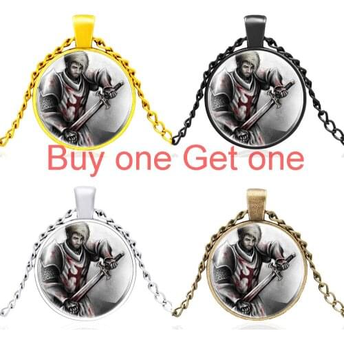Vintage Handsome Knights Templar Design Black Glass Dome Necklace Men Women Pendant Jewelry Accessories Gift