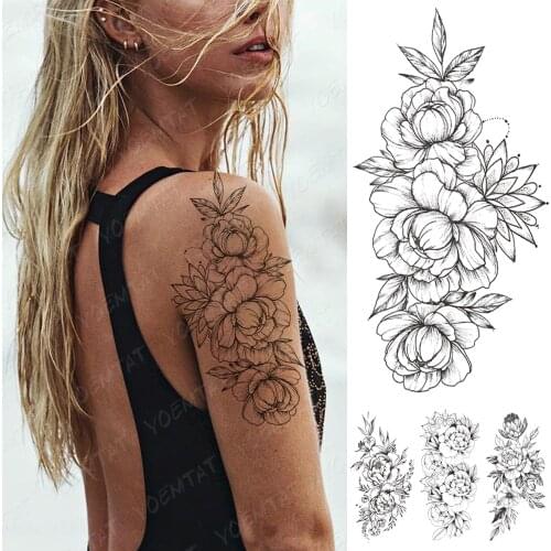 Waterproof Temporary Tattoo Sticker Peony Flower Black Flash Tattoos Female Minimalist Line Arm Thigh Body Art Fake Tatto
