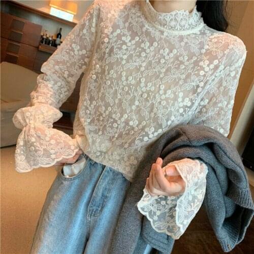 Ladies Basic Shirt Lolita Mesh Lace Floral Tops Solid Long Bell Sleeve