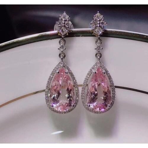 H619 Fine Jewelry Real Pure 18 K White Gold AU750 100% Natural Pink Morganite Gemstone 5.93ct Drop Earrings for Women