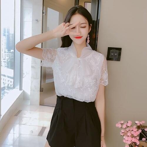 Women Bow Tie Collar Chiffon Blouses Shirts Lady Casual Chiffon Short Sleeve Lace Spring Summer Style Blusas Tops