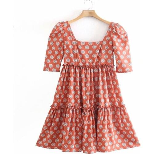 Dress Women Geometric Print Square Collar Edible Tree Fungs Mini Dress Summer Casual Fashion Office Lady Vestidos Mujer 2021