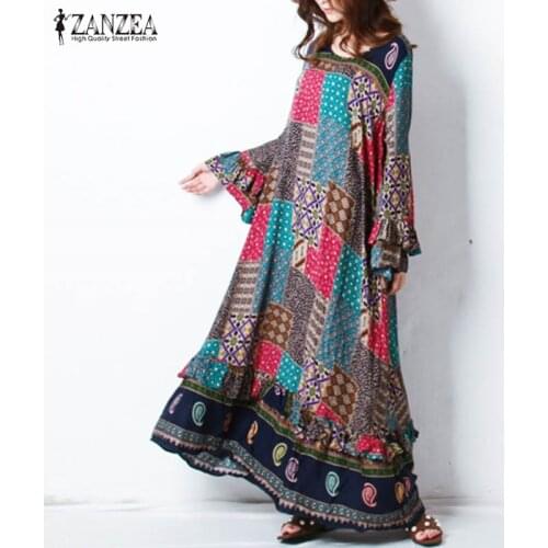 2021 ZANZEA Women Autumn Floral Printed Flounce Hem Spliced Crew Neck Long Sleeve Maxi Tiered Dress Vestido Plus Size