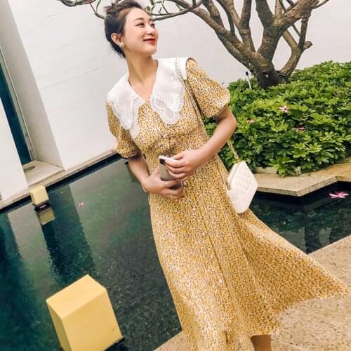 Jastie French Puff Sleeve Embroidery Lapel Chiffon Dresses Women Bohemian Style Summer Floral Print Dress Beach Midi Vestidos