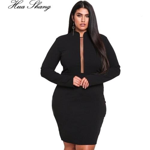 Winter Women Stand Collar Long Sleeve Black Bodycon Dress Elegant See Through Transparent Front Sexy Club Dress Large Size Robe