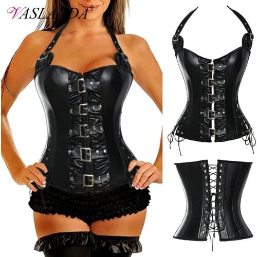 Bustiers & Corsets Leather Overbust Corset Tops with Buckles Steel Boned Steampunk Gothic Bustier Waist Training Corselet Vest