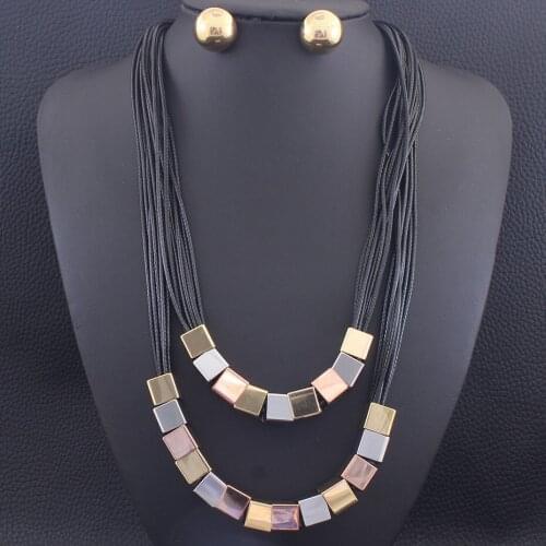 55CM Long Chains Sweater Square Necklace & Stud Earrings Fashion Stainless Steel Jewelry Sets For Women SEDZCGDI