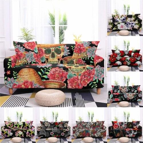 3D Skull Flowers Pattern Sofa Cover Stretch Couch Slipcover Sofa Covers For Living Room 1/2/3/4 Seater Sofa Decor Sofa Protector