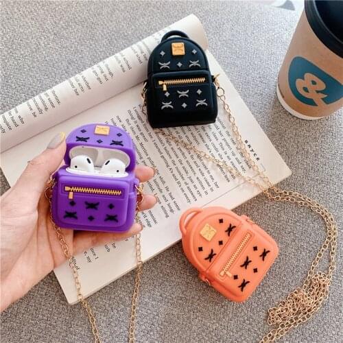 Fashion Backpack Silicone Case with Metal Chain 3D Cute Kawaii Bag Shockproof Cover Compatible for Airpod 1 2 Pro