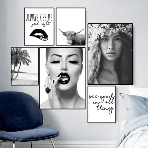 Fashion Girl Wall Art Canvas Painting Black White Highland Cow Poster And Print Seaside Tree Scenery Picture Wall Decor HD2991