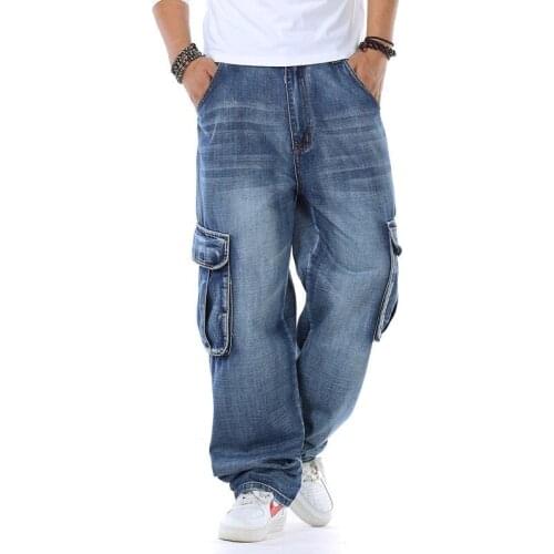 Large Size Loose Jeans Men Denim Pants Big Pocket Straight Baggy Casual Streetwear Hip Hop Brand Classic Blue Wide Leg Trousers