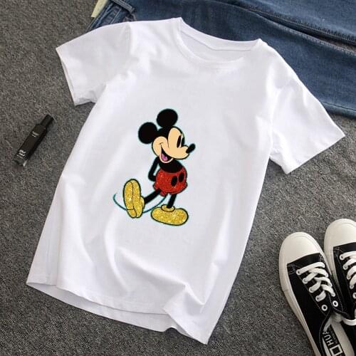 Disney T-shirt Womens Clothes Mickey Mouse Funny Expression Cartoon Printing White Harajuku Style Cute Korean Version Loose Top