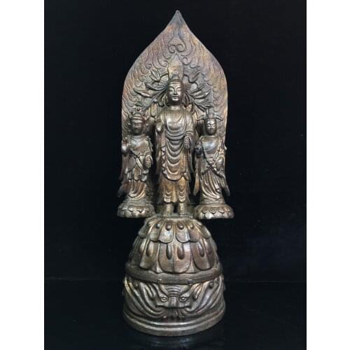 18"Chinese temple collection Old Bronze Cinnabar Lacquer Northern Wei Buddha Shakyamuni statue Back light Standing Buddha