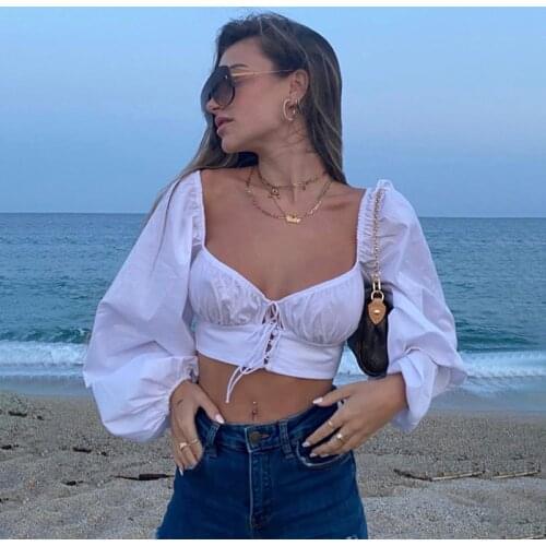 Sexy Low Chest Casual Slim Crop Top French Romantic Top Lady Beach Vacation Tshirt White Elegant Tops mujer 2020 Summer