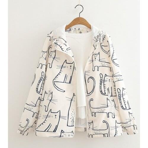 Kawaii Graffiti Cat Cartton Print Women Jacket Loose Japan Style Cute White Hooded Zipper Basic Coat Harajuku Preppy Outwear New