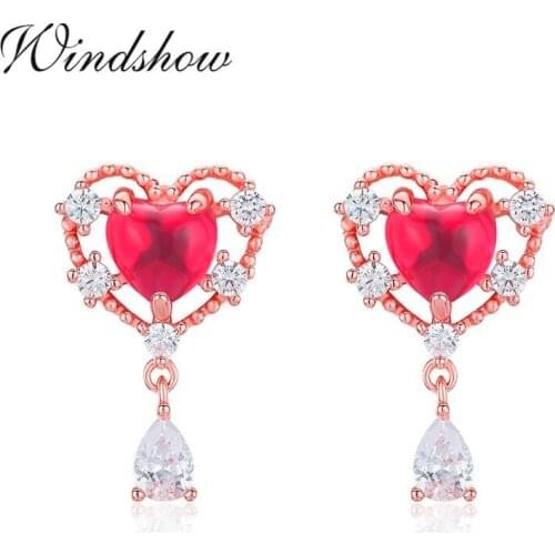 Cute 925 Sterling Silver Rose Gold Color Heart Hot Pink Stone Drop Dangle Earrings For Women Girls Jewelry Orecchini Orecchini