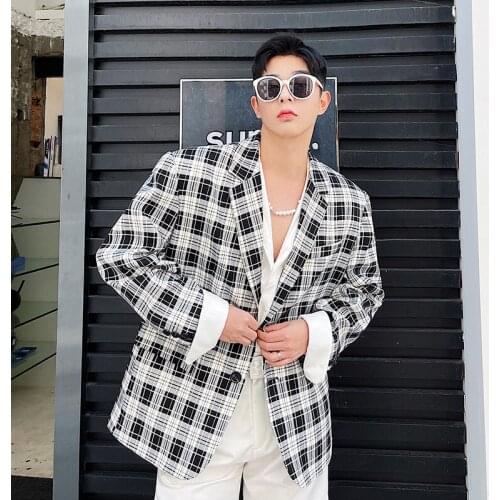Blazers Jacket Men Korean Fashion Casual Loose Shoulder Pads Plaid Suit Blazer Coat Male Vintage Streetwear Cardigan Suit Jacket