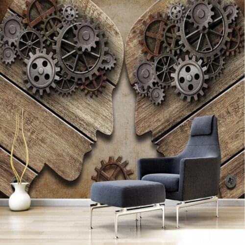 Custom 3D European and American style retro industrial gear personality wood grain skull background wall restaurant hotel