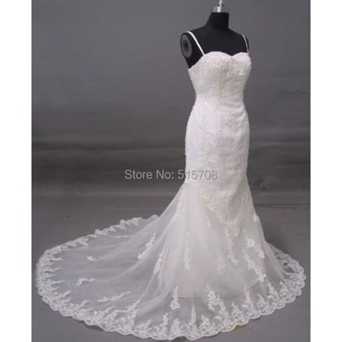 Real Photo 2015 Wedding Dresses Sexy Spaghetti Straps Sleeveless Zipper Back Court Train Mermaid Church Garden Bridal Dress