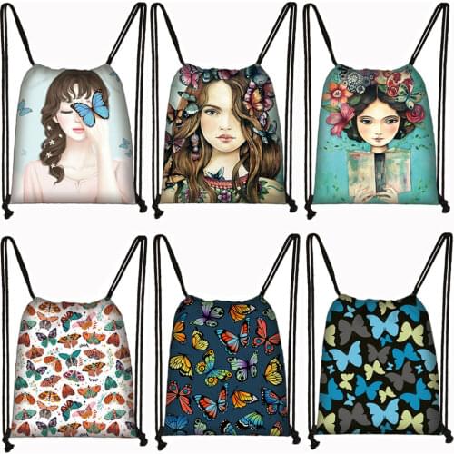 Kawaii Girl Butterfly Backpack Women Harajuku Rucksack Teenager Girls Daypack Bookbag Canvas Drawstring Bag Shoes Holder Bag