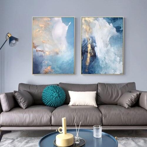 Nordic Modern Blue Gold foil river Art Wall Canvas Paintings Abstract Unique Posters For Living Room Decor