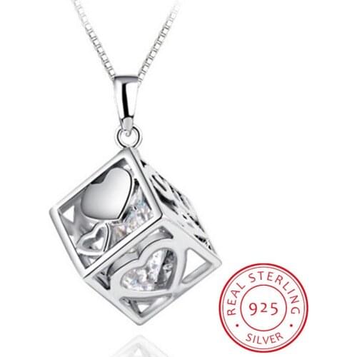 925 Sterling Sliver Love Heart Zirconia Hollow Magic Cube Pendant Necklace For Women 45cm Link Chain S-N93