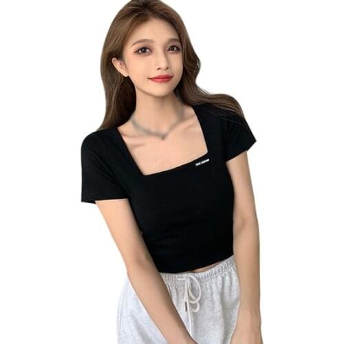 Jlong Korean Square Collar Tee Casual Slim Exposed Navel Short Sleeve Women T Shirt Top