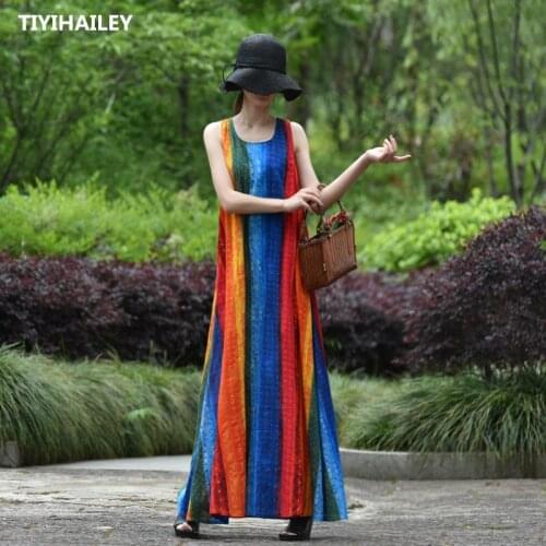 TIYIHAILEY Free Shipping A-line Cotton Linen Long Maxi Dress Women Sleeveless Loose Dress O-neck Spring Summer Rainbow Dresses