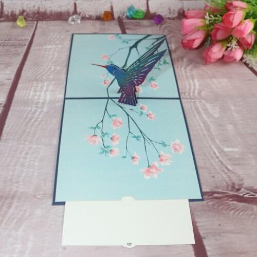 3D Laser Cut Colorful Printed Flower Hummingbird Paper Invitation Greeting Cards PostCard Thanksgiving Day Birthday Party Gift