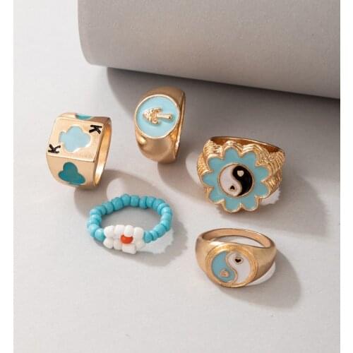 5pcs/sets Colorful Bead Blue Enamel Flowers Ring Sets for Women Charms Mushroom Yin Yang Alloy Metal Party Jewelry кольца
